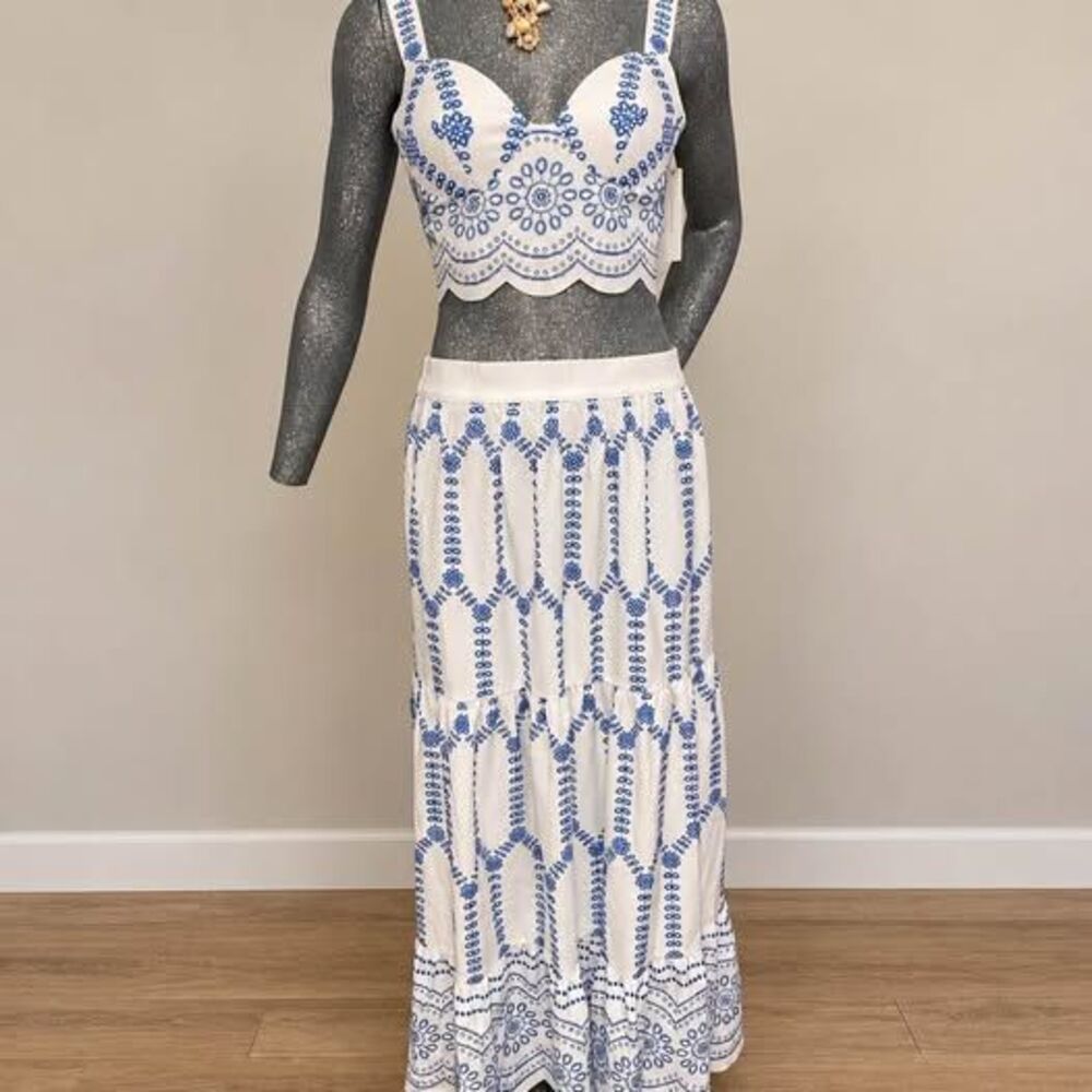 COMMENSE Blue & White Eyelet Embroidered Bustier Top + Maxi Skirt Set M